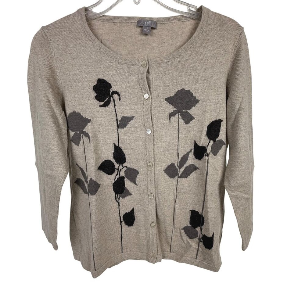 J Jill Cardigan Button-Front Crew-Neck 3/4-Sleeve Leaf Print Fall Sweater S